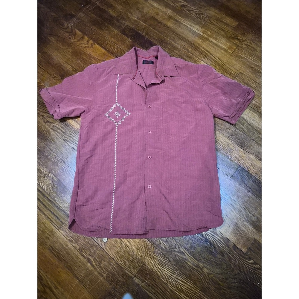 Mens Short Sleeve Button Down Shirt Burgundy Textured Dobby Stripe Embroidered L